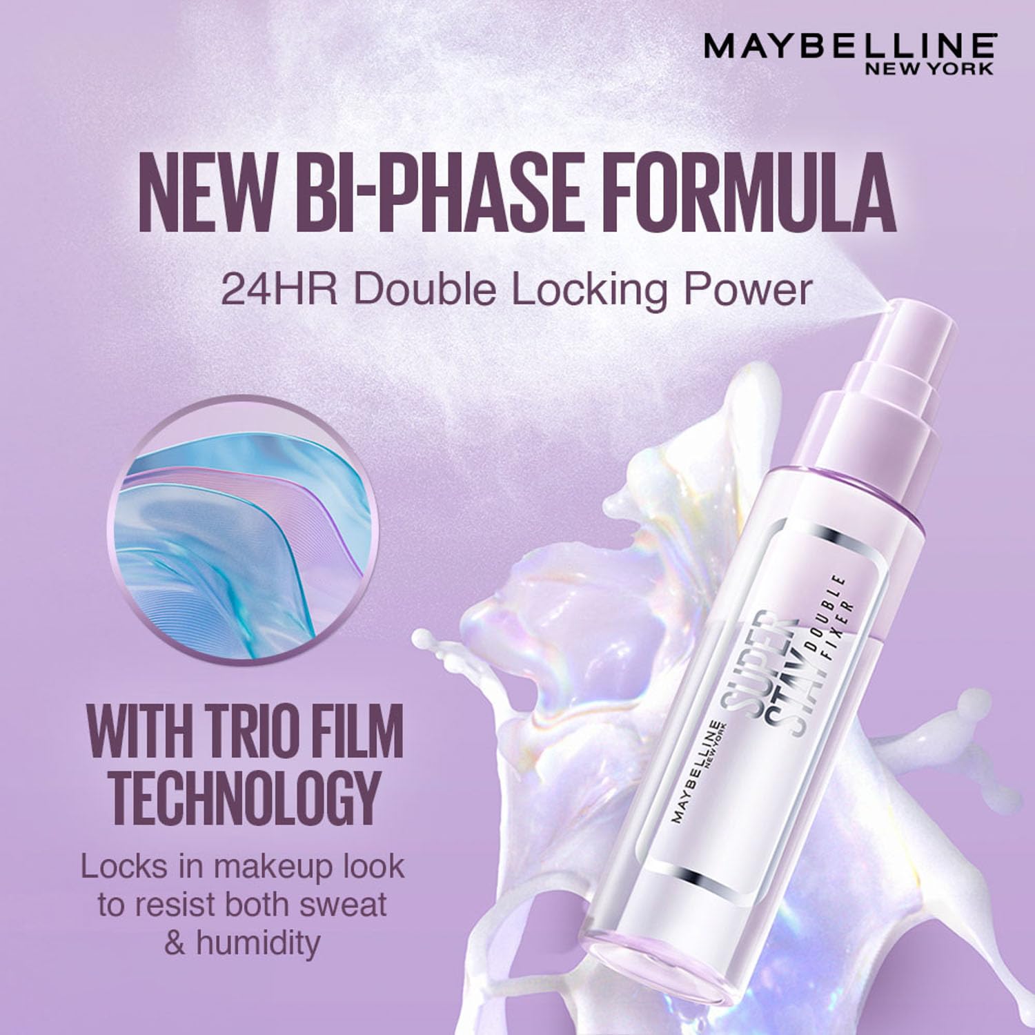 Maybelline New York Super Stay Double Fixer Setting Spray, 24HR Wear, Hydrating Spray, 55ml
