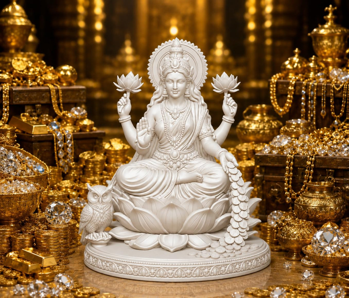 Premium Polymer Goddess Lakshmi Murti on Lotus - Car Dashboard - 12 cm White