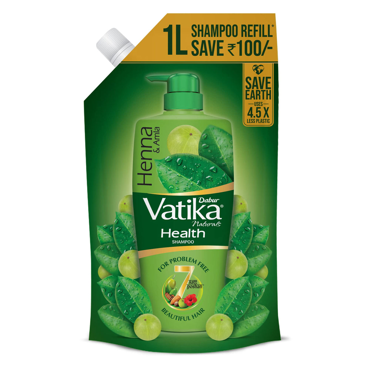 Dabur Vatika Health Shampoo - 1 L (Refill Pouch) | With 7 Natural Ingredients | For Smooth, Shiny & Nourished Hair | Repairs Hair Damage, Controls Frizz | For A