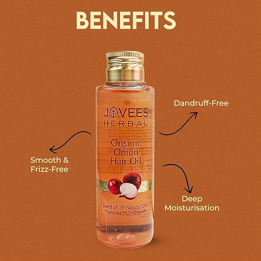 Jovees Herbal Organic Onion Hair Oil 100ML | Controls Hair Fall, Promotes Growth | Contains Onion Seed Oil, Olive oil, Sesame oil, Almond oil | Suitable for All
