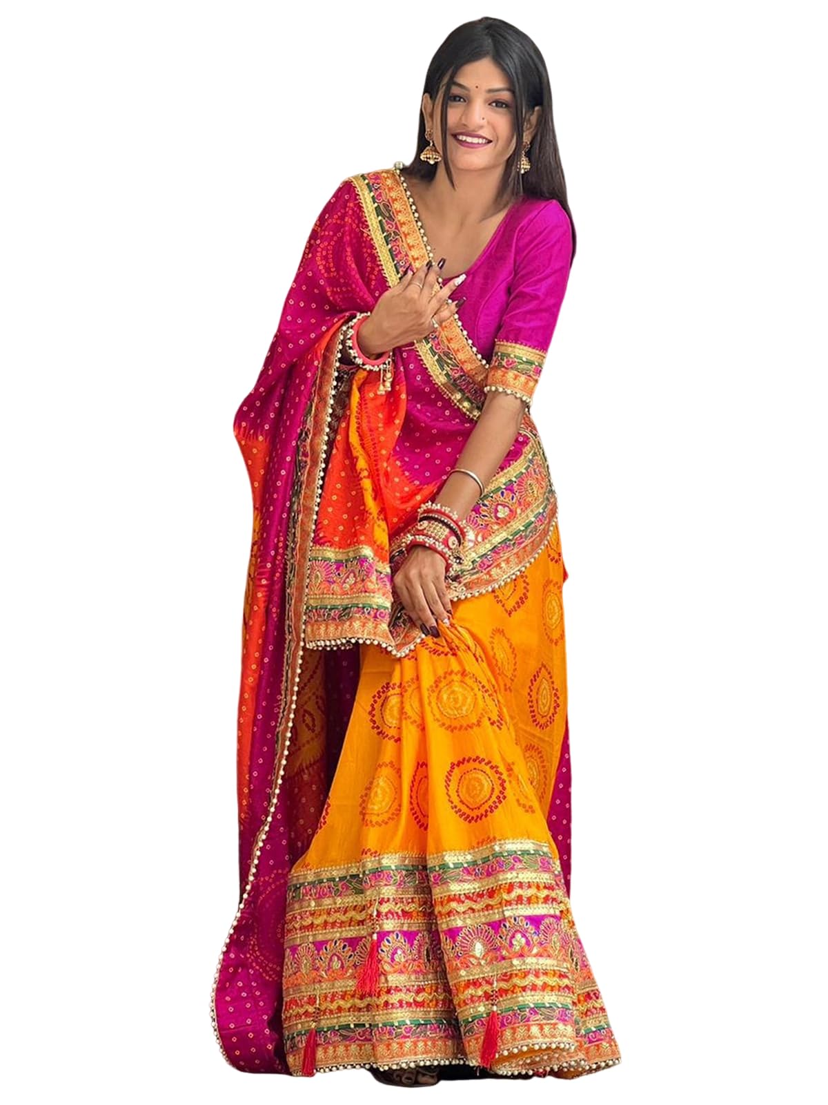 Women's Silk Sequin Embroidery Bandhani Printed Saree with Unstitched Blouse Piece