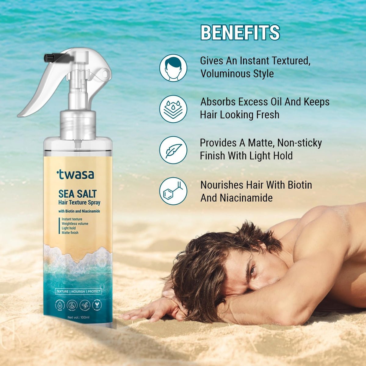 Twasa Sea Salt Hair Texture Spray 100ml with Biotin & Niacinamide | Hair Styling Spray For Instant Texture, Light Hold & Matte Finish | Hair Volumizing & Textur