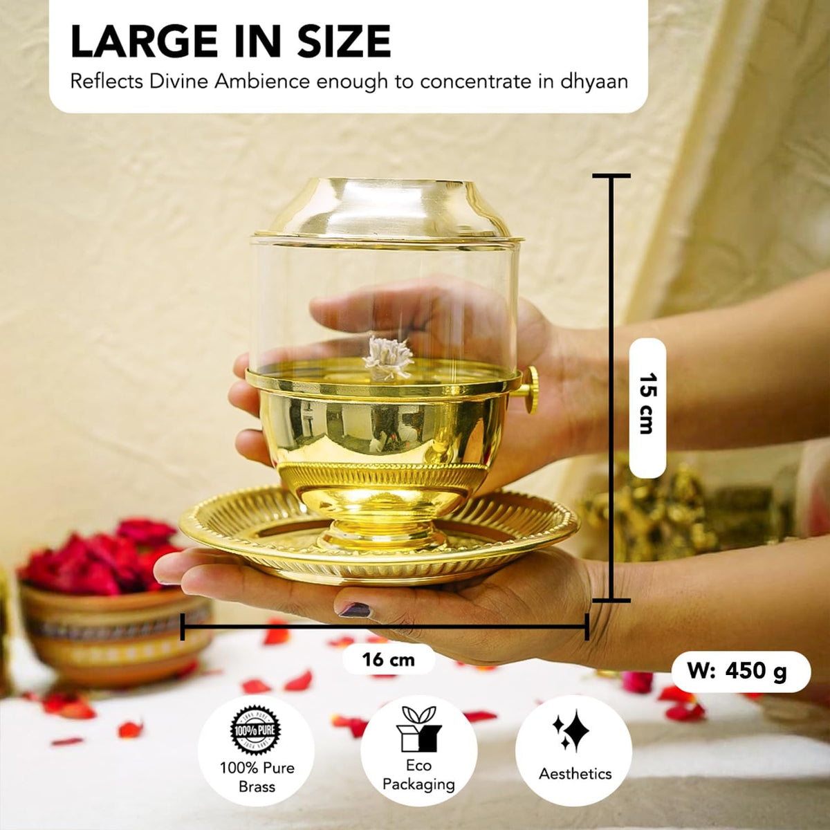 100% Pure Brass Akhand Jyot Diya with Adjustable Bati Knob, Wick Lifting Screw Lever, Glass Cover (Large Size, 200-250 ml Oil Capacity, Stay Lit for 48 Hours, W