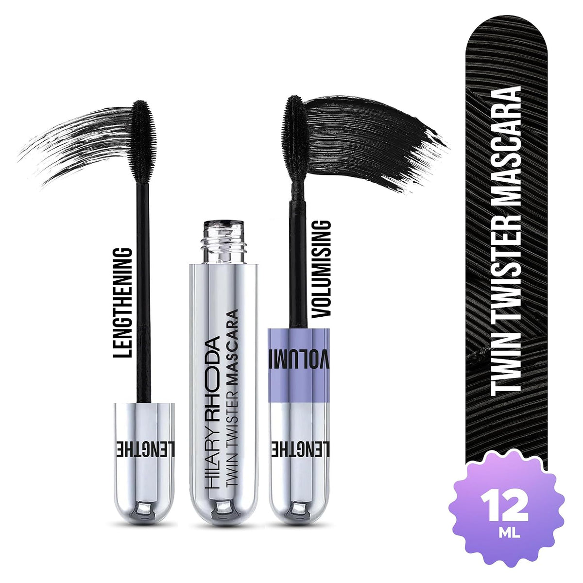 Hilary Rhoda Twin Twister Mascara | Bold Black Finish | 2-in-1 Volumises & Lengthens | Waterproof & Smudge-Proof | Highly pigmented | Curl Enhancing | Clump-Fre
