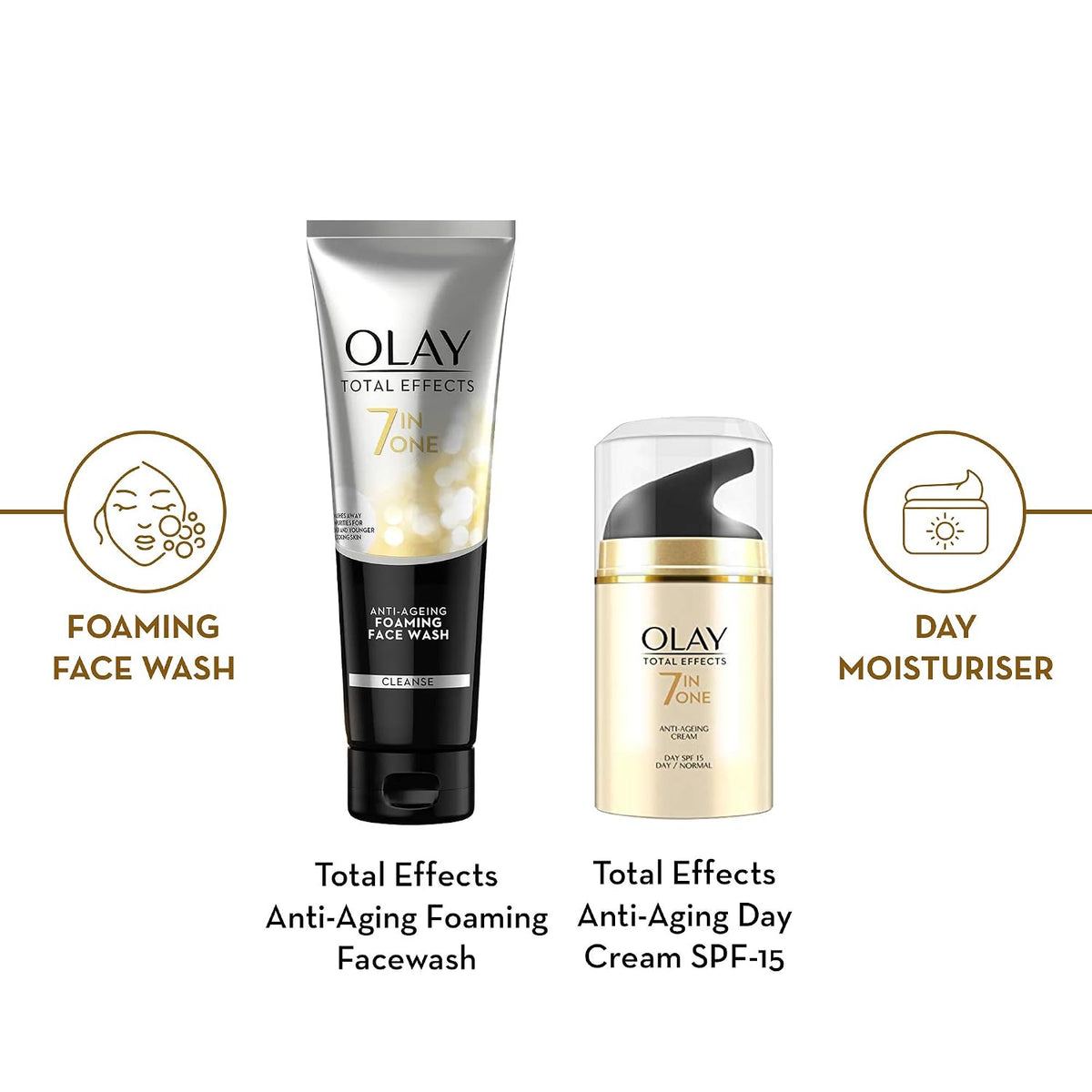 Olay Total Effects Giftpack - Day Cream with SPF 15 50gm + Cleanser 100g | Fights 7 Signs of Ageing | With Niacinamide and Green Tea Extracts | Normal, Oily, Dr