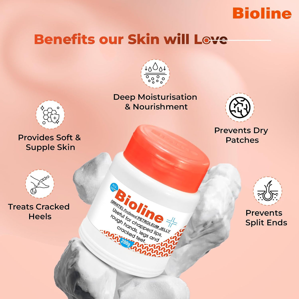 Bioline White Perfumed Petroleum Jelly for Chapped Lips, Rough Hands, Legs & Cracked Feet | Moisturizing & Soothing Cream for Dry Skin | 200 g Pack 200 g (Pack