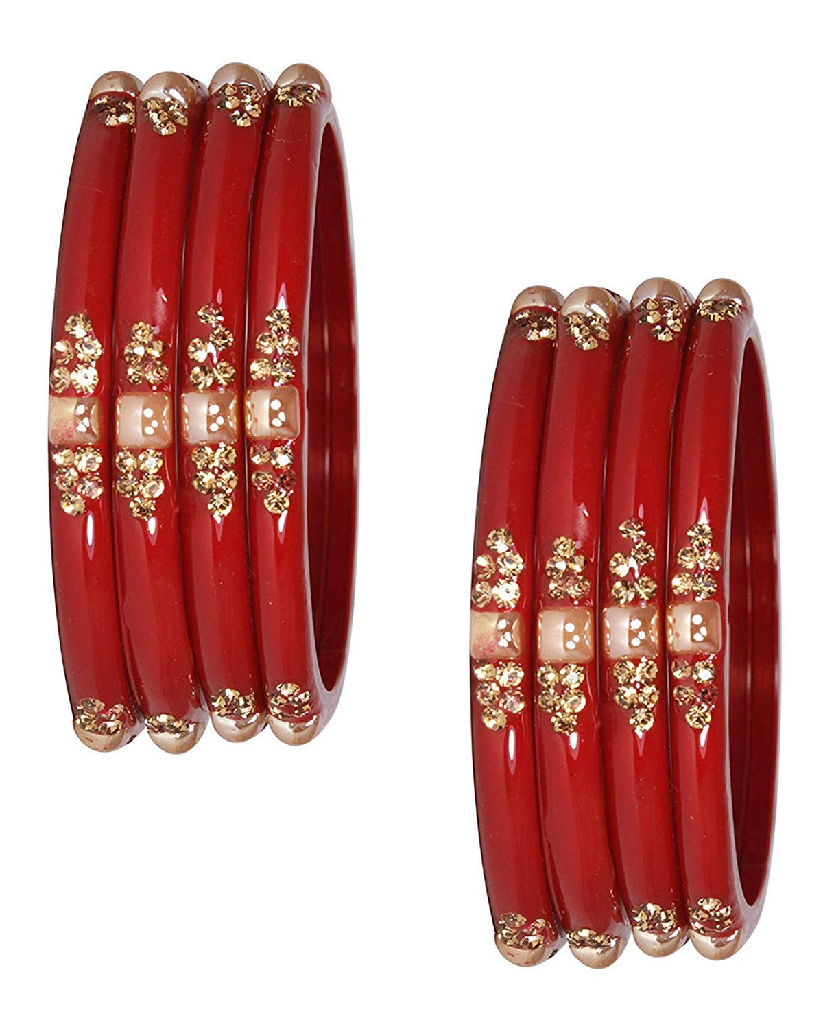 Glass with Zircon Gemstone & Beads Studded worked Glossy Finished Kada Set For Women and Girls | Set of 8 Red 2.6 Inches