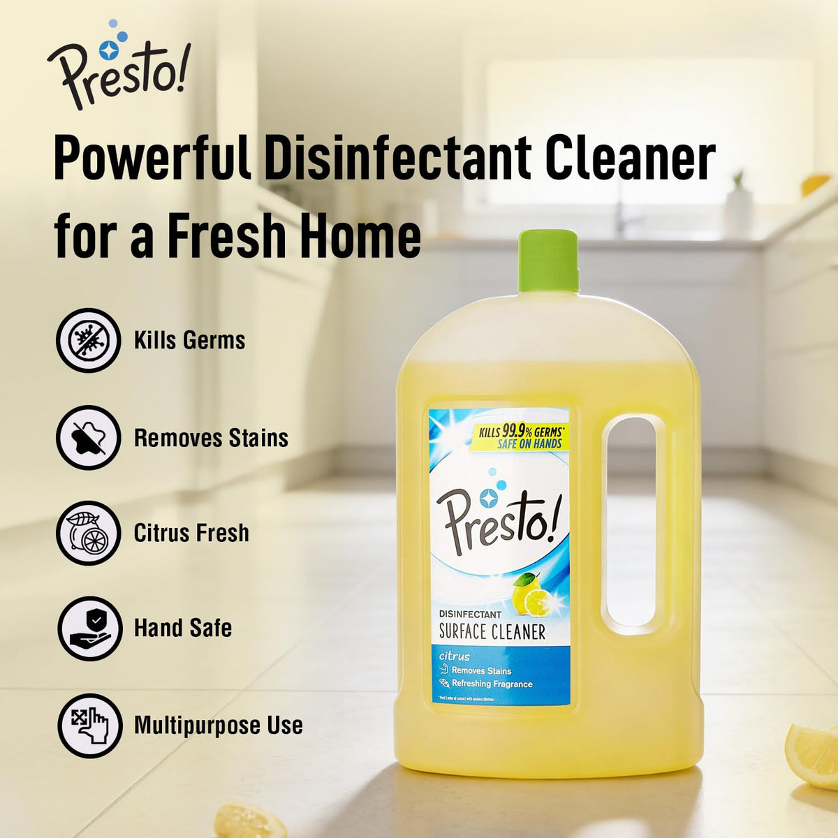 Amazon Brand - Presto! Disinfectant Surface & Floor Cleaner Liquid | Citrus | 2 Litre | 1 Can | Kills 99.9% Germs | Removes Stains | Safe on Hands Floor Cleaner