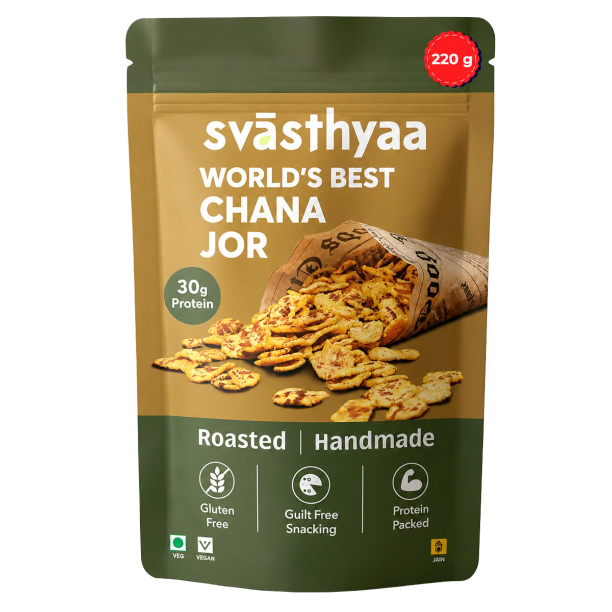 Svasthyaa Roasted Chana Jor Garam Healthy Indian Snack for Kids & Adults | Crispy Channa Namkeen | High Protein, Gluten Free | Vegan Jain with Sea Salt & Hing |
