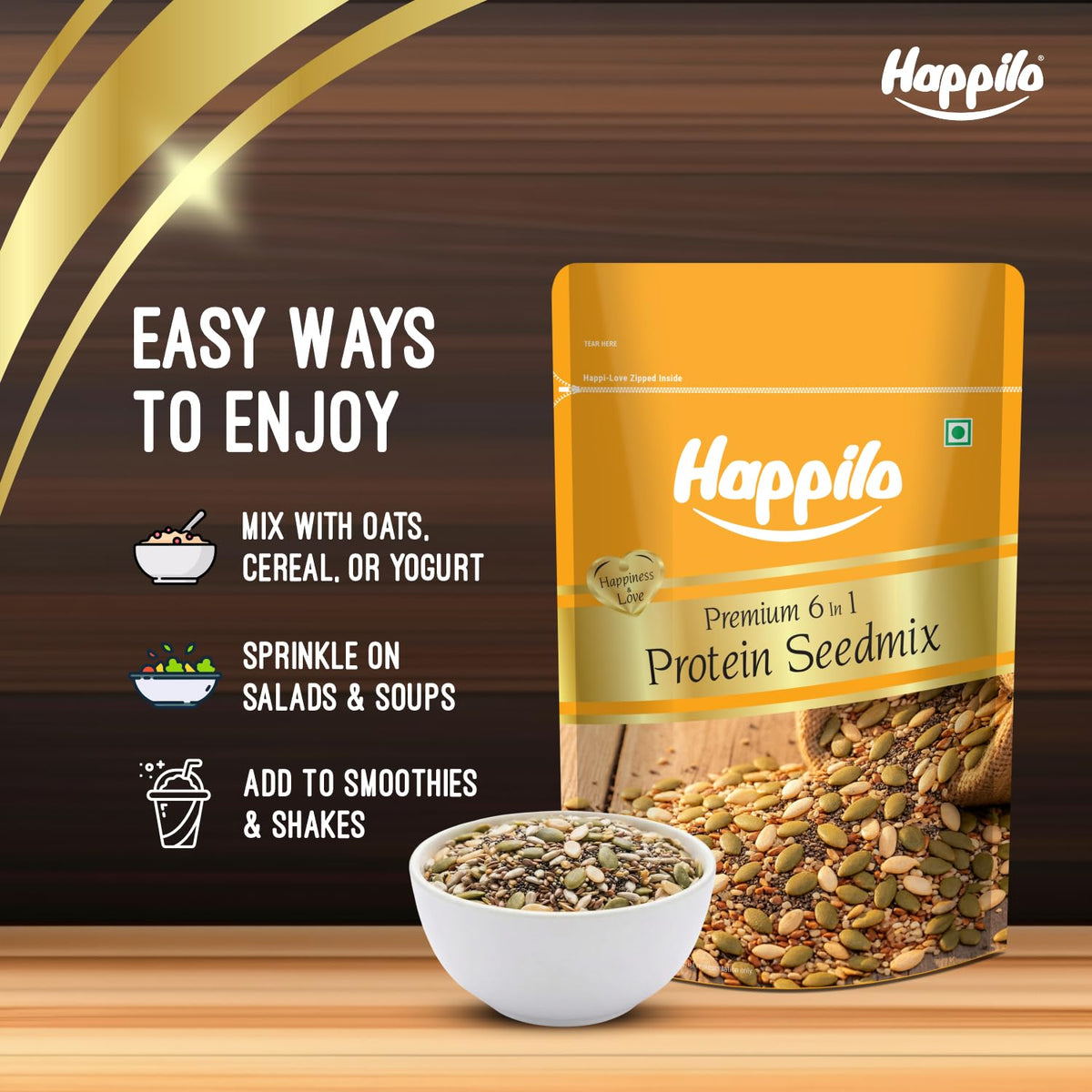 Happilo Premium 6 in 1 Super Seeds Mix 250g, Chia, Roasted Pumpkin, Sunflower, Flax, Watermelon, Sesame, Diet Snacks, Super Healthy Food, 27% Protein 250 g (Pac