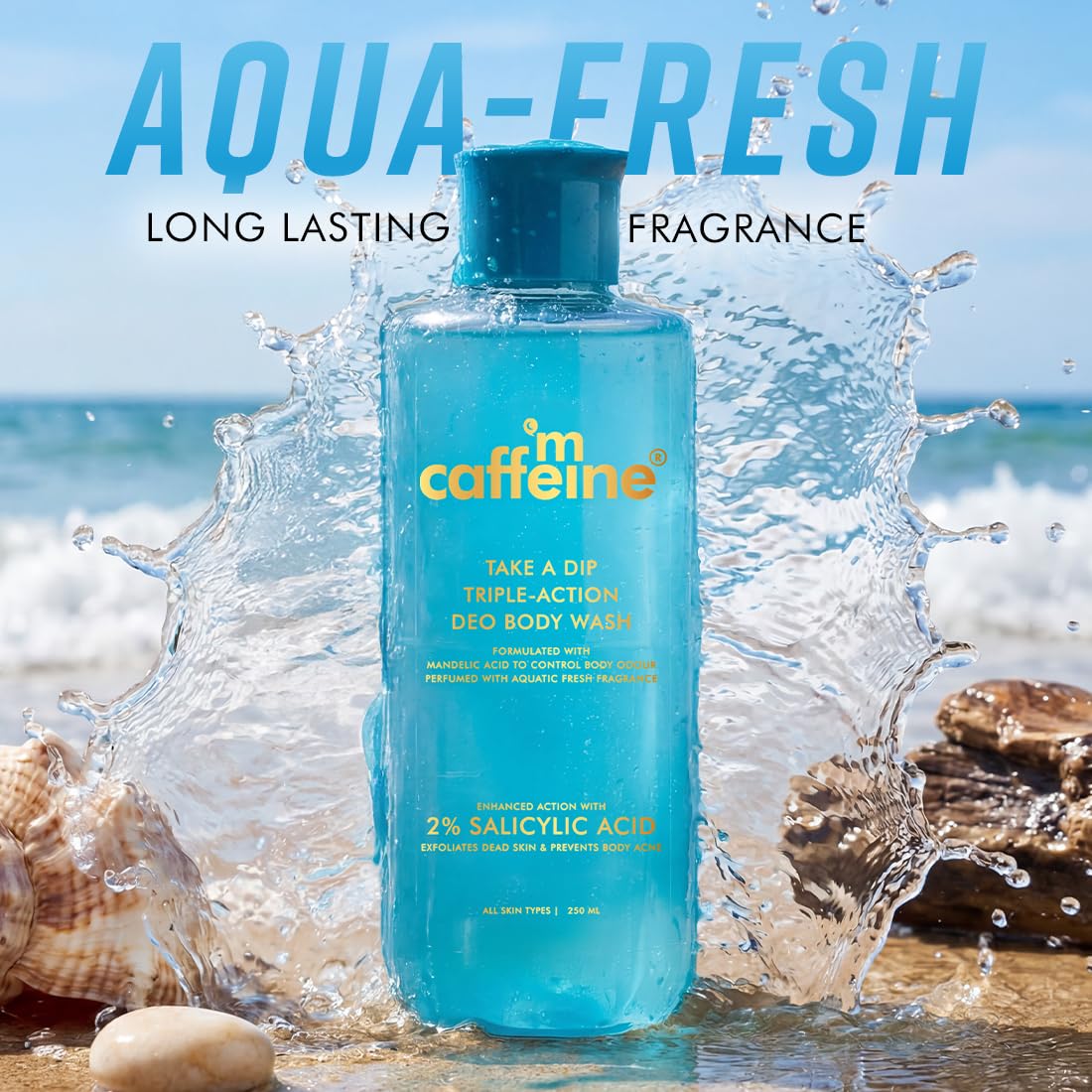 mCaffeine 2% Salicylic acid , 3-in-1 Perfume Body Wash - Odour Control, & Long Lasting Aqua Fresh Fragrance | Exfoliates & Smoothens Skin | Prevents Body Acne | Mandelic Acid | For Men & Women (250 ml)