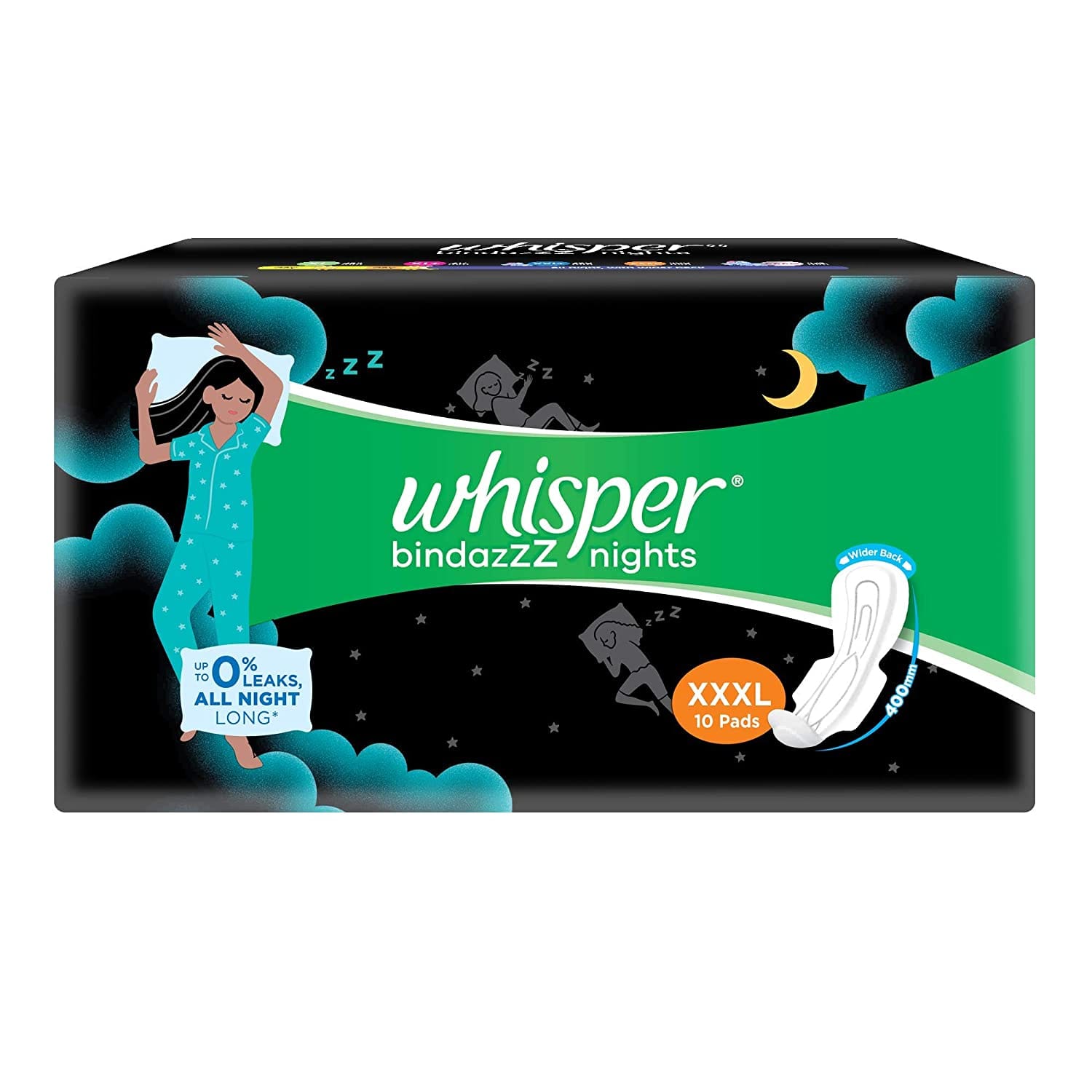 Whisper - Bindazzz Night Sanitary Pads For Women, XXX-Large Pack of 10 Napkins