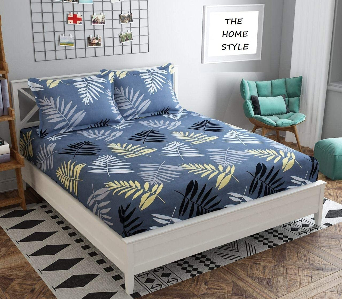 THE HOME STYLE Supersoft Glace Cotton Elastic Fitted All Around King Size Printed Double Bedsheet with 2 Pillow Cover & King Size Comforter/Duvet/Blanket (72"x7