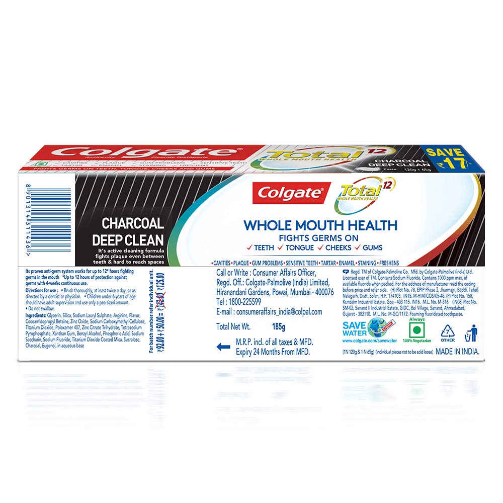 Colgate Total Whole Mouth Health, Antibacterial Toothpaste, 120gm (Charcoal Deep Clean) 120 g (Pack of 1)