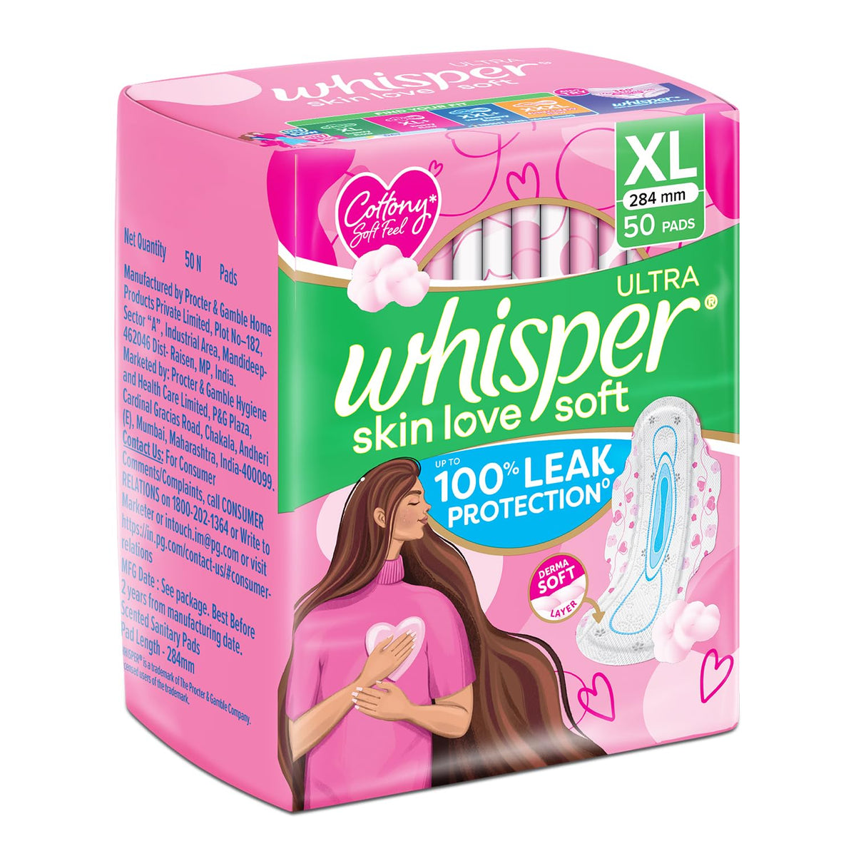 Whisper Ultra Skin Love Soft Sanitary Pads for Women, XL 50 Pads, Cottony Soft Feel, Upto 100% Leak* Protection, Disposable Wrapper, Locks Odour & Wetness (Prod
