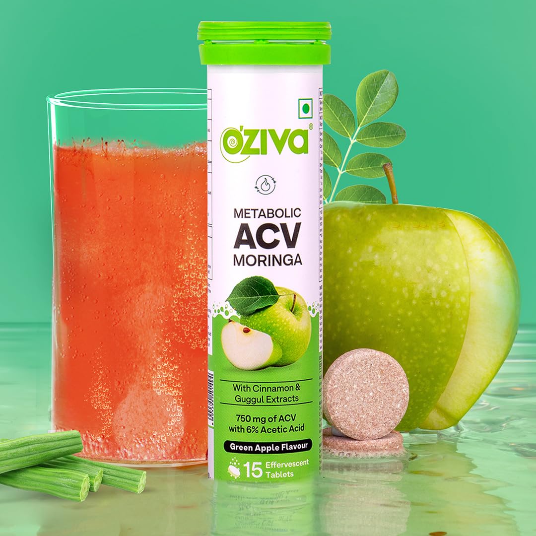 OZiva ACV Moringa Apple Cider Vinegar Tablets, Green Apple, Pack of 4 15 count (Pack of 4)