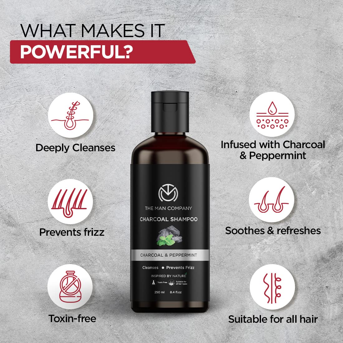 The Man Company Charcoal Shampoo For Oily Scalp To Eliminate Dandruff, Improve Hair Growth with Peppermint & Clove | Healthy and Shiny Hair - 250ml Single