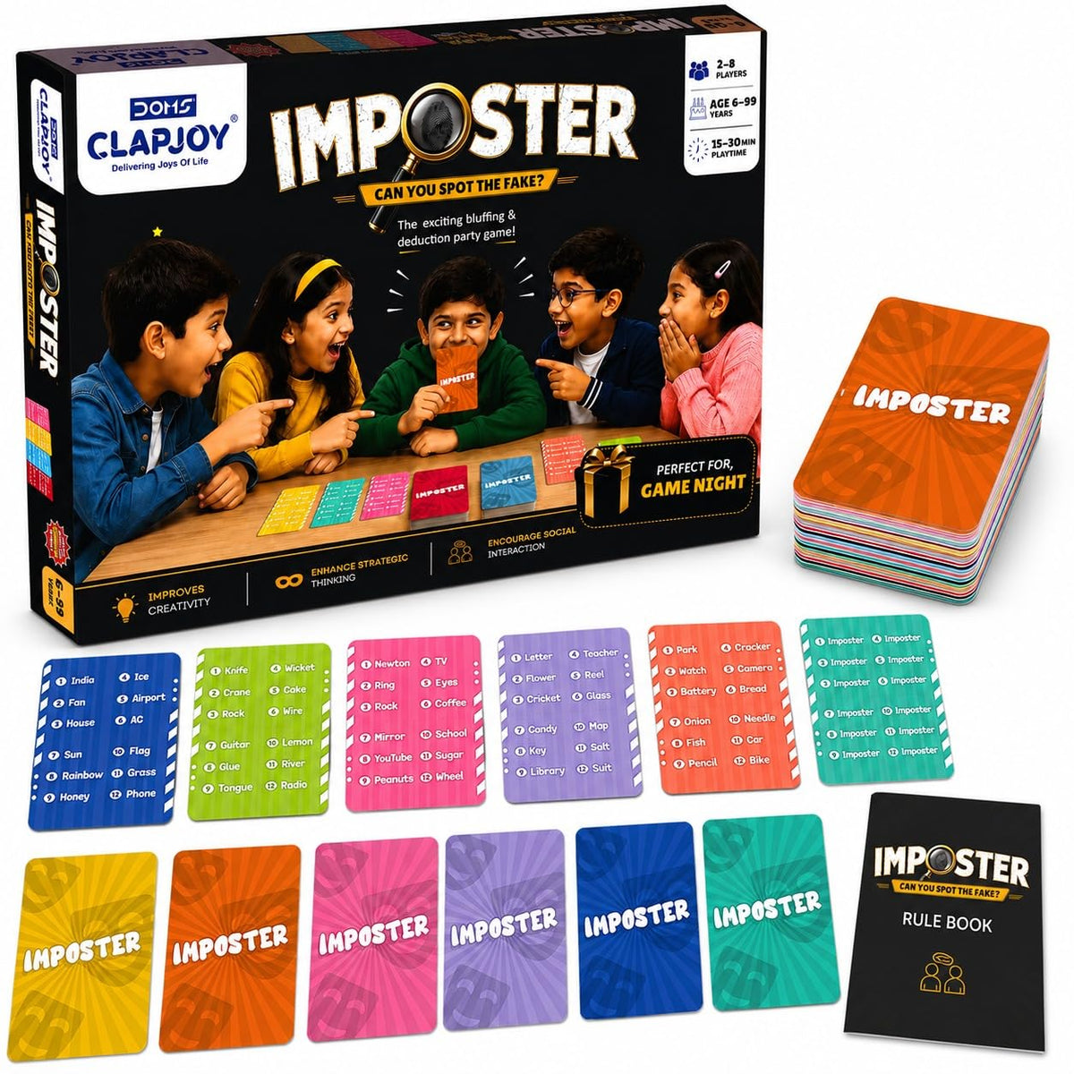 Clapjoy Board & Card Game – Imposter: Can You Spot The Fake? | 80 Cards | Bluffing &Deduction Party Game | Fun for Family Game Nights, Travel, Gifts for Teens &