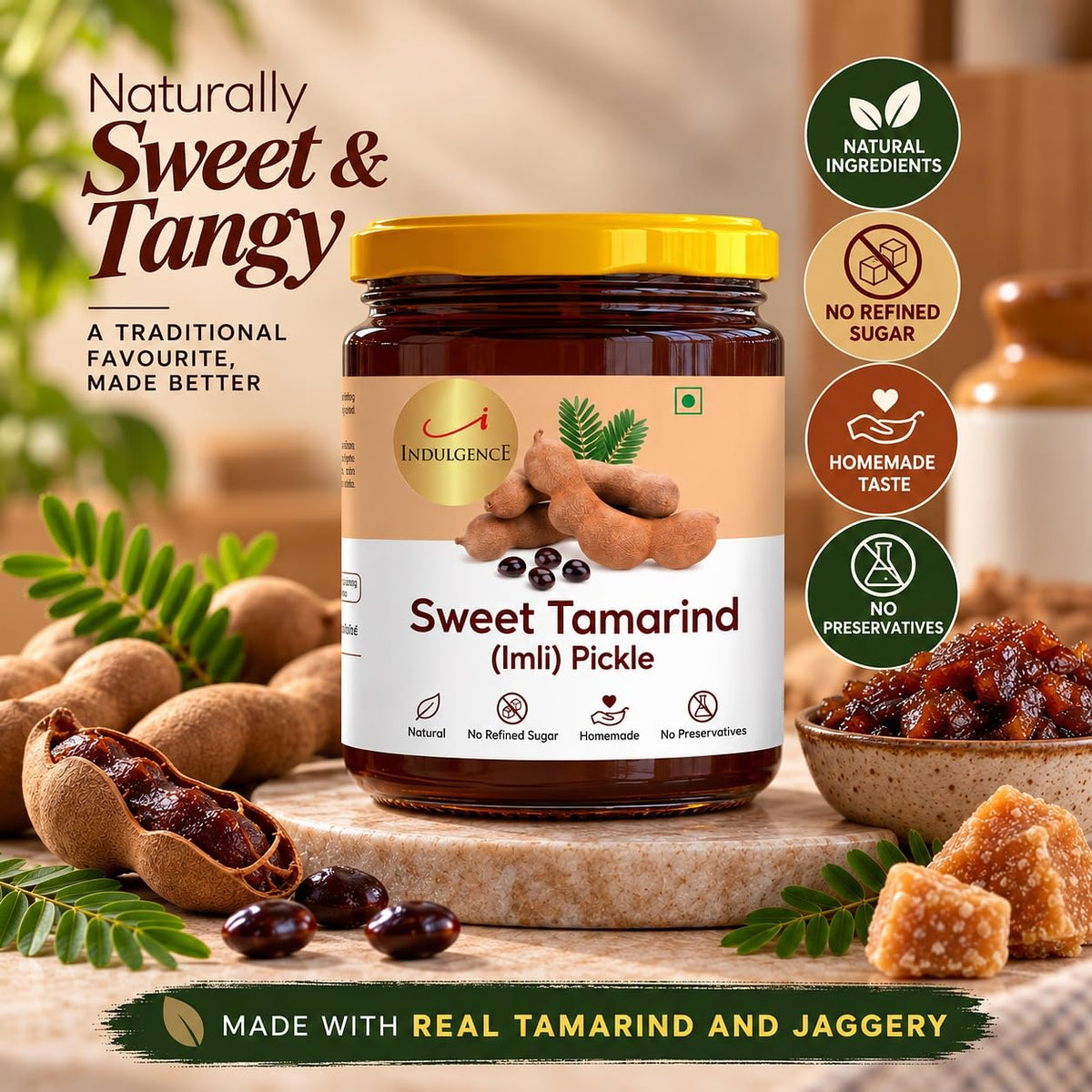 INDULGENCE Tamarind Pickle (Imli Achar) 200g × 2 | Sweet & Tangy | Organic Jaggery, Rock Salt, Red Chilli & Panch Phoran | No Refined Sugar, No Preservatives Pa