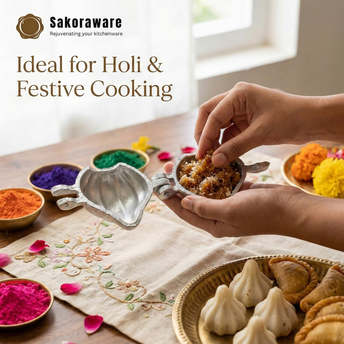 Sakoraware Aluminium Modak Maker Mould Mold Sacha Cutter | Gujiya Karanji Maker Machine | Dumpling Maker Kitchen Moulds for Holi | Ganesh Chaturthi | Diwali | F