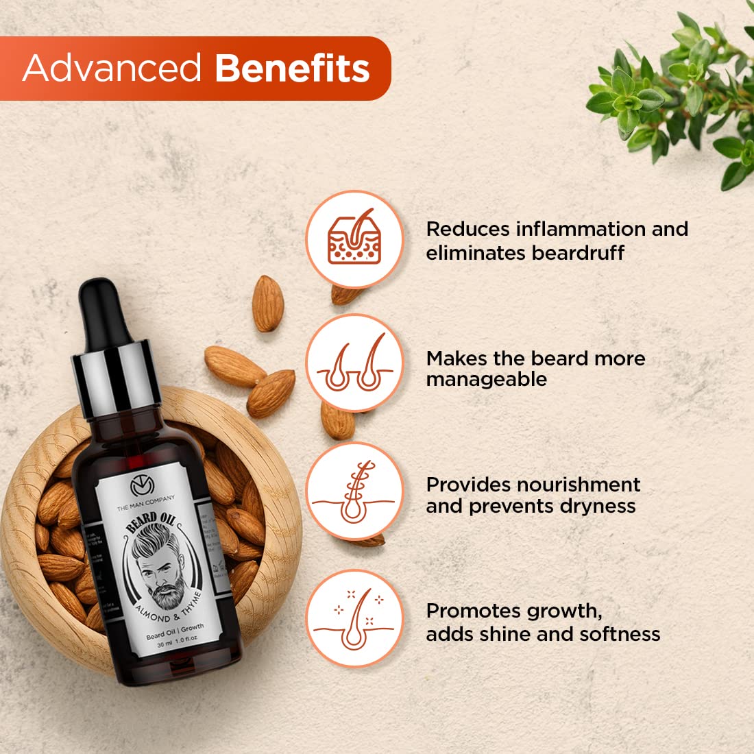 The Man Company Beard Oil for Growing Beard Faster with Almond & Thyme, NATURAL, Best Beard Growth Oil for Man, Nourishes & Strengthens Uneven Patchy Beard - 30