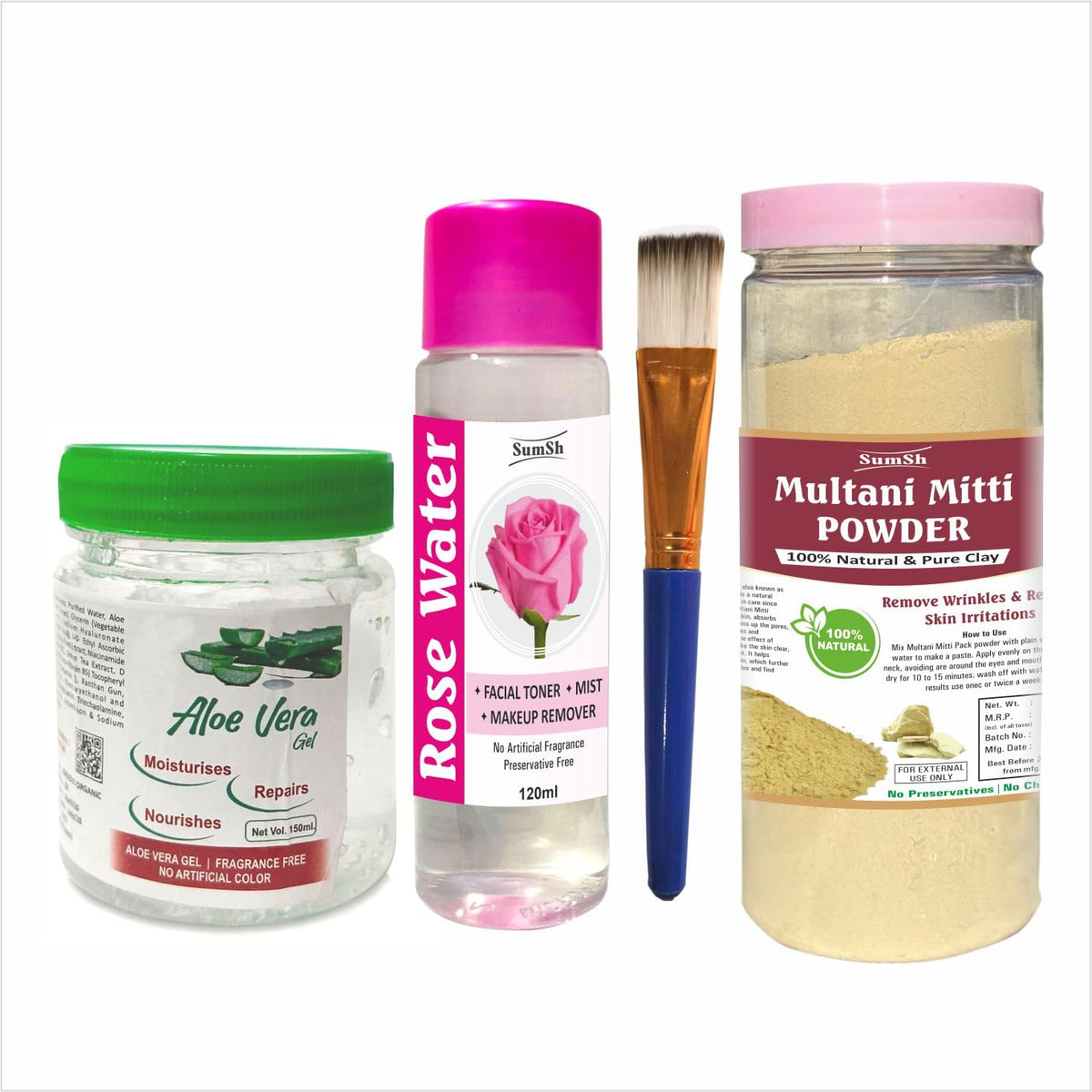 Multani Mitti Powder Face Pack 200g, 100% Natural Pure Clay with Rose Water 120ml, Aloe Vera Gel & Applicator Brush | Deep Cleansing, Oil Control, Acne Care & G