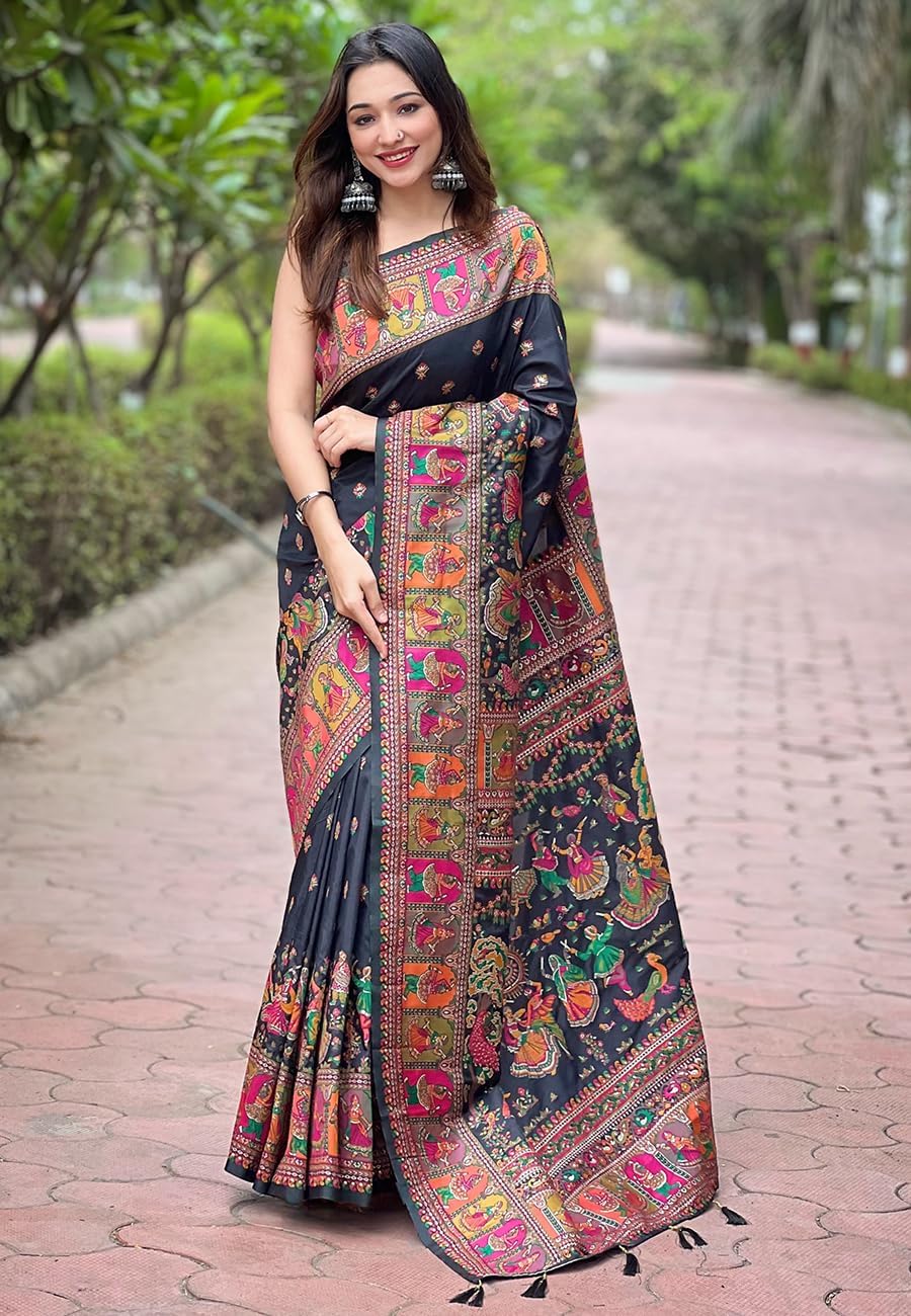 SGF11 Women's Kanjivaram Soft Lichi Silk Saree With Blouse Piece 6.3metres Black