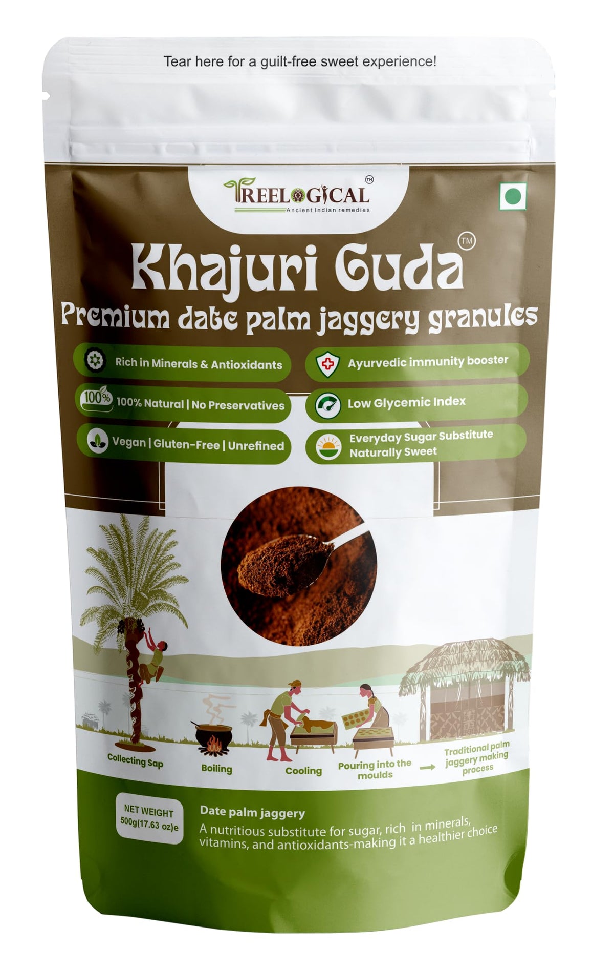 Treelogical Khajuri Guda Date Palm Jaggery Powder, 500 gm 500 g (Pack of 1)