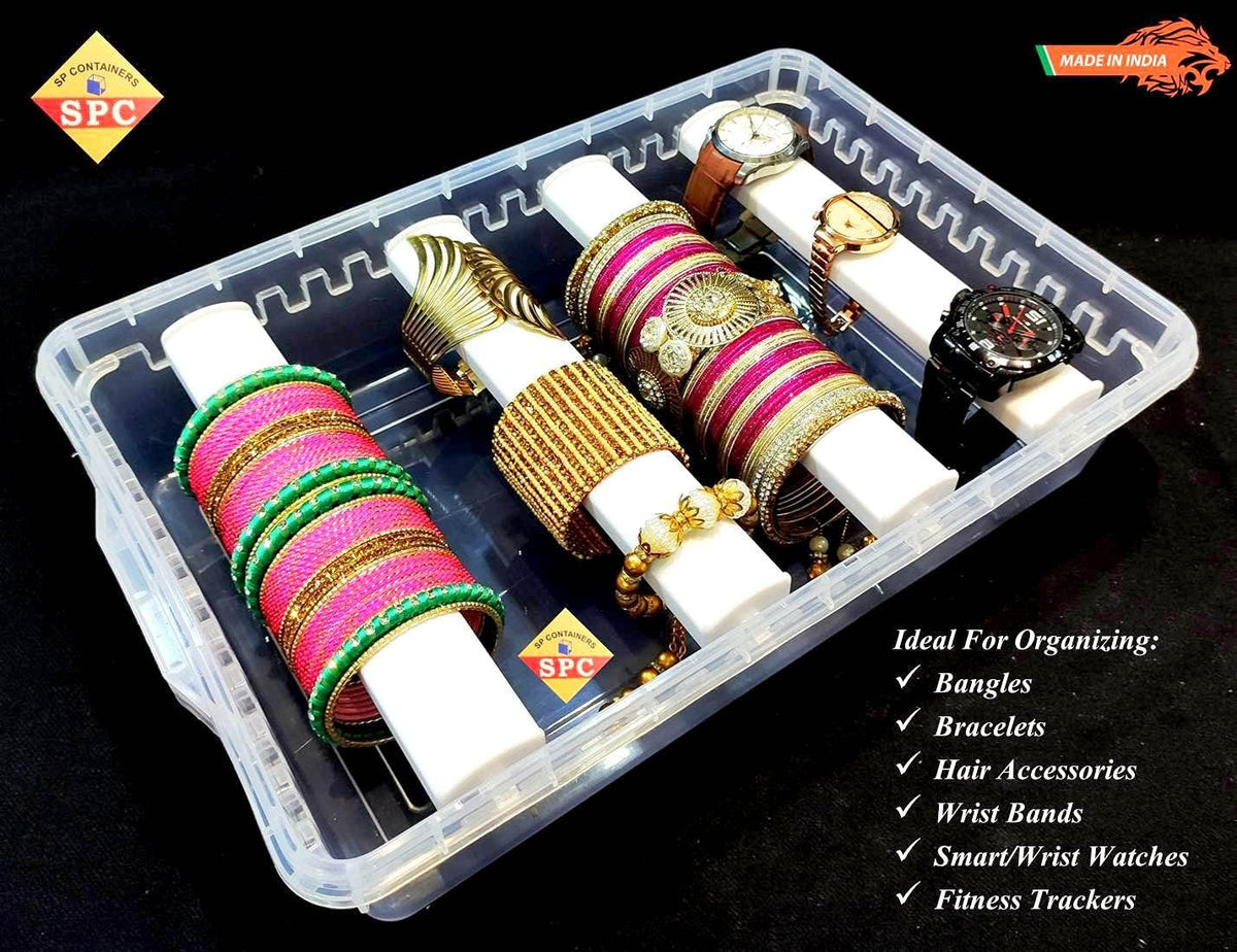 SPC Plastic Adjustable 4 Rod Bangle Box Chudi Set Organizer Jewellery Storage Display Box For Chudi Bracelet Wrist Watch Hair Bands Scrunchies Accessories,Trans