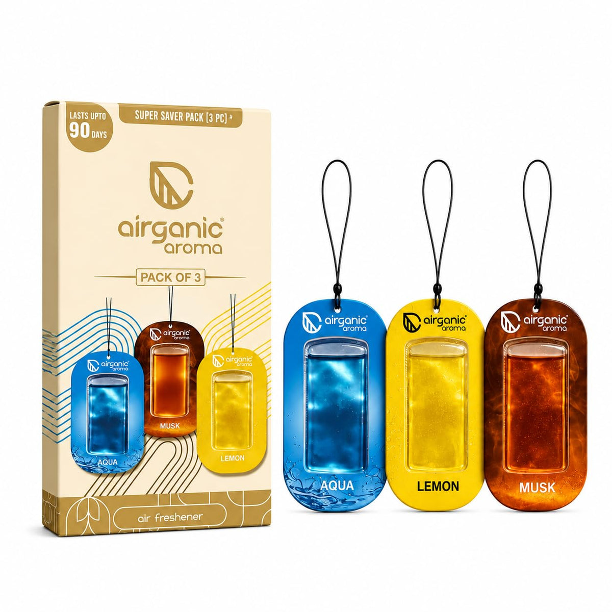 AIRGANIC Aroma Gel Hanging Car Air Freshener Pack of 3 | Fresh Aqua, Musky & Citric Lemon | Long-Lasting Car Perfume | Membrane Gel Freshener | Up to 30 Days Fr
