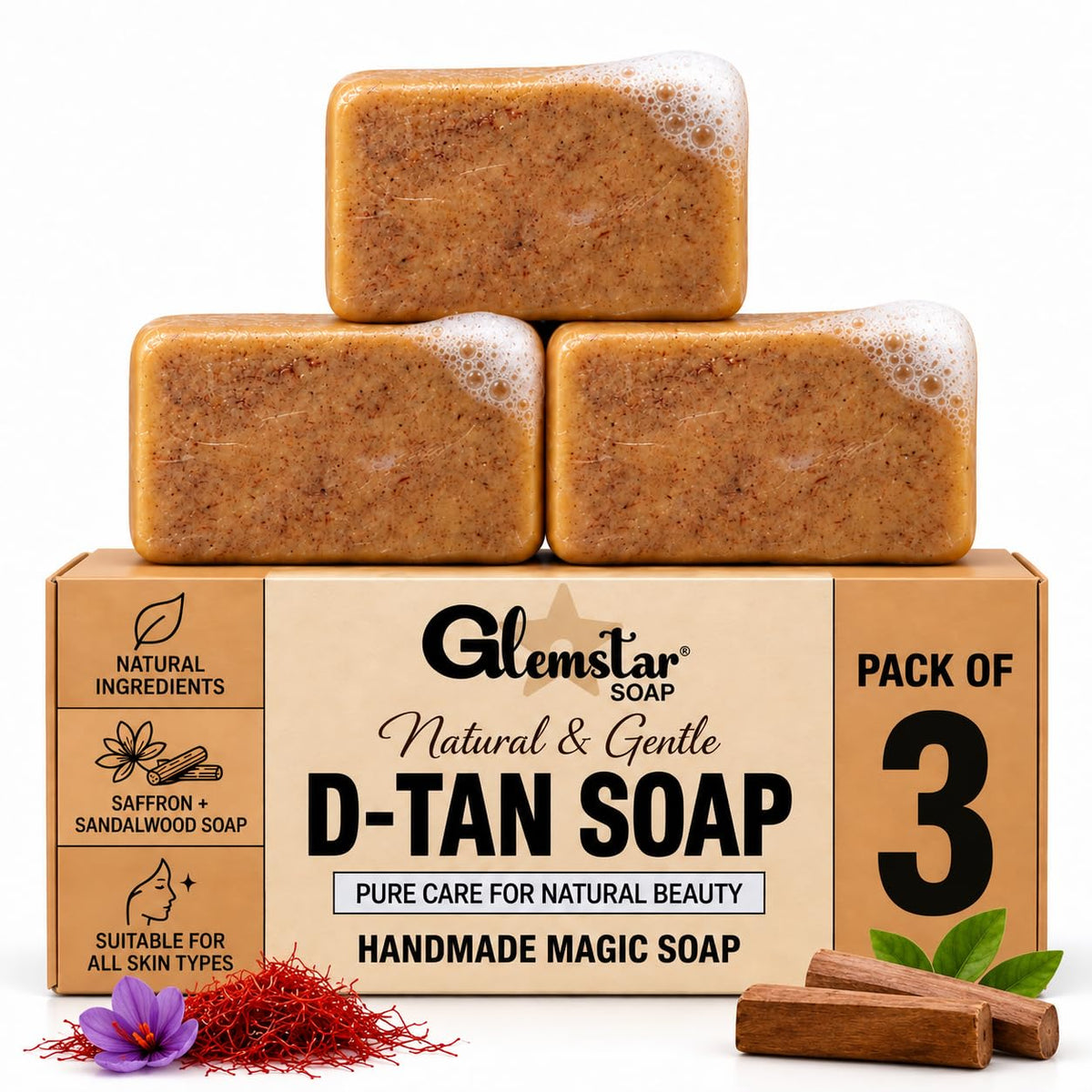 Magic Soap Tan Removal Sandalwood & Saffron Handmade Bar Men & Women PACK OF 3 100 g (Pack of 3)