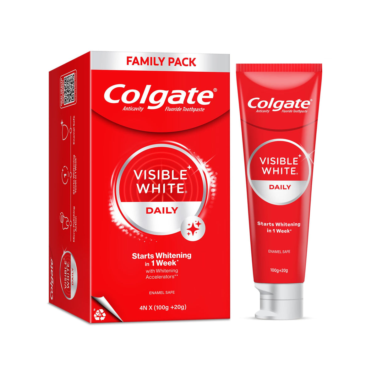 Colgate Visible White Teeth Whitening Toothpaste, Protects Enamel, Removes Stains, With Whitening Accelerators, 480g, 120g X 4 100 g (Pack of 4)