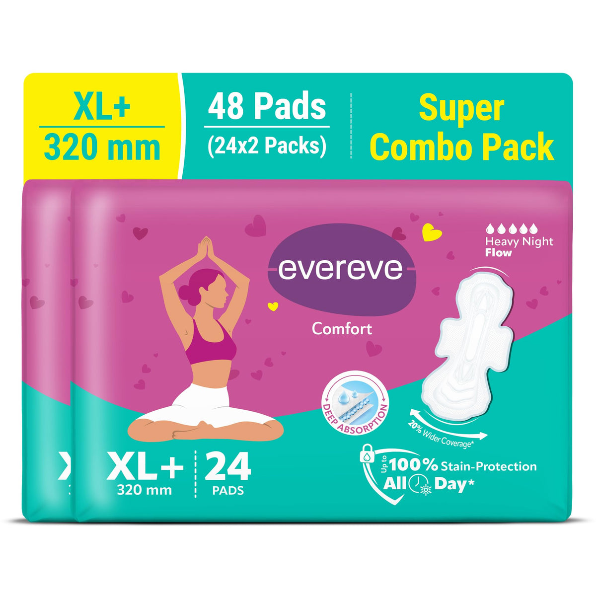 Evereve Comfort Sanitary Pads for Women, XL+ 320mm, Longest and Widest Day Pad, Thick Soft Fabric, Breathable Rash-Free Wear, Deep Absorption, Up to 100% Leak P