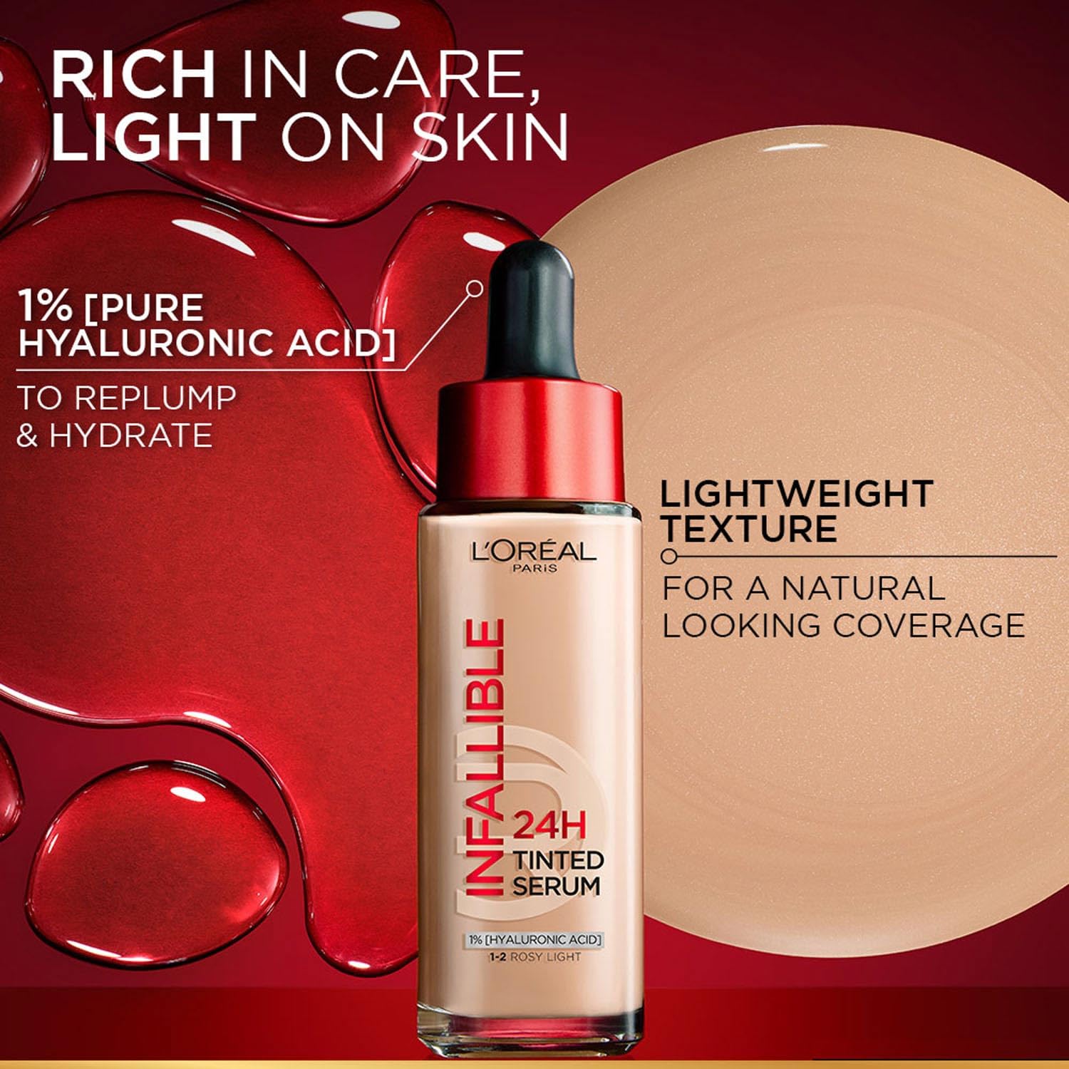L’Oréal Paris Infallible 24H Tinted Serum Foundation, Light-weight Coverage, Dewy & Radiant Finish, Transfer-proof, 30ml