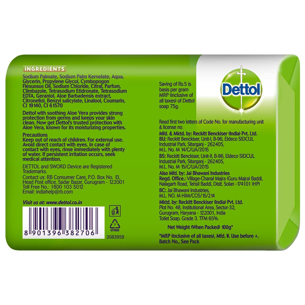 Dettol Aloe Vera Germ Protection Bathing Soap bar, 100gm, Pack of 8 100 g (Pack of 8)