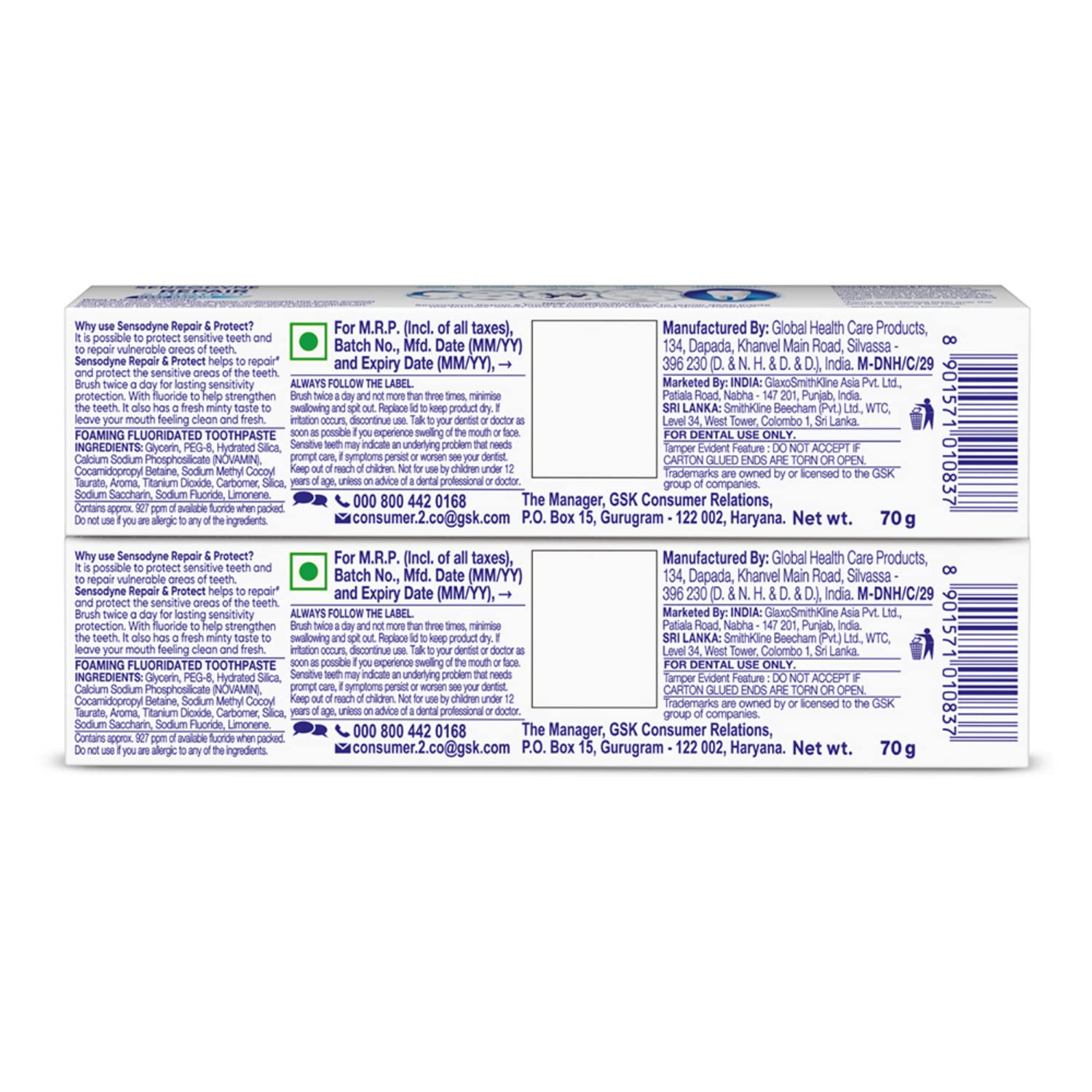 Sensodyne Toothpaste Repair & Protect Combo pack, tooth paste for deep repair of sensitive teeth, 140 gm multi-pack (70 gm x 2) (Pack of 2)