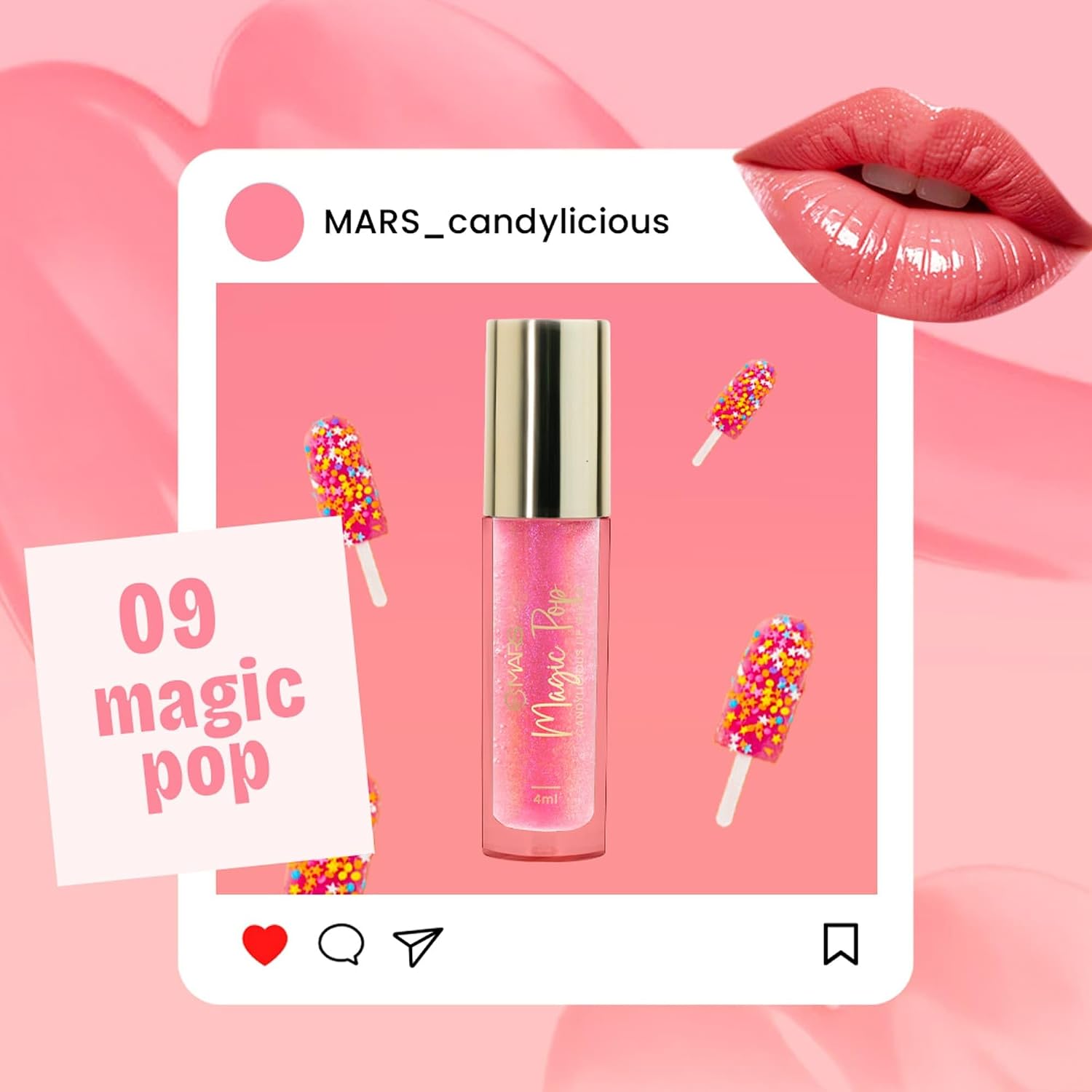MARS Candylicious Sheer Lip Gloss for Women | Hydrating & High Shine | Lightweight | Non-Sticky | Enriched with Vitamin-E, Hyaluronic Acid & Avocado Ester (4.0ml) (09-MAGIC POP)