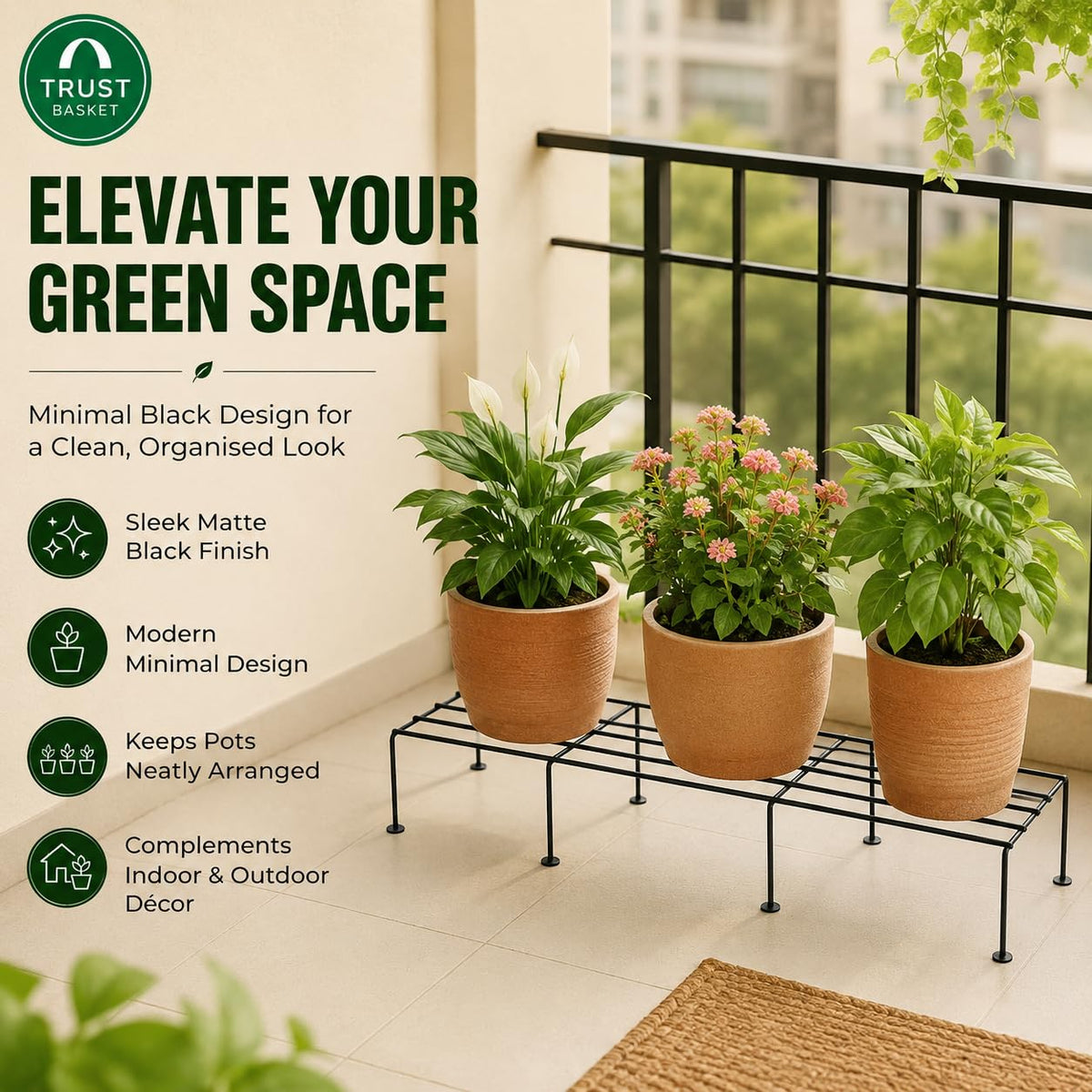 TrustBasket Indigo 24-Inch Plant Stand | Black, (Set of 4) 120 KG Load Capacity, Anti-Rust Metal with Non-Bendable Legs | Ideal for Plant Stands for Outdoor Bal