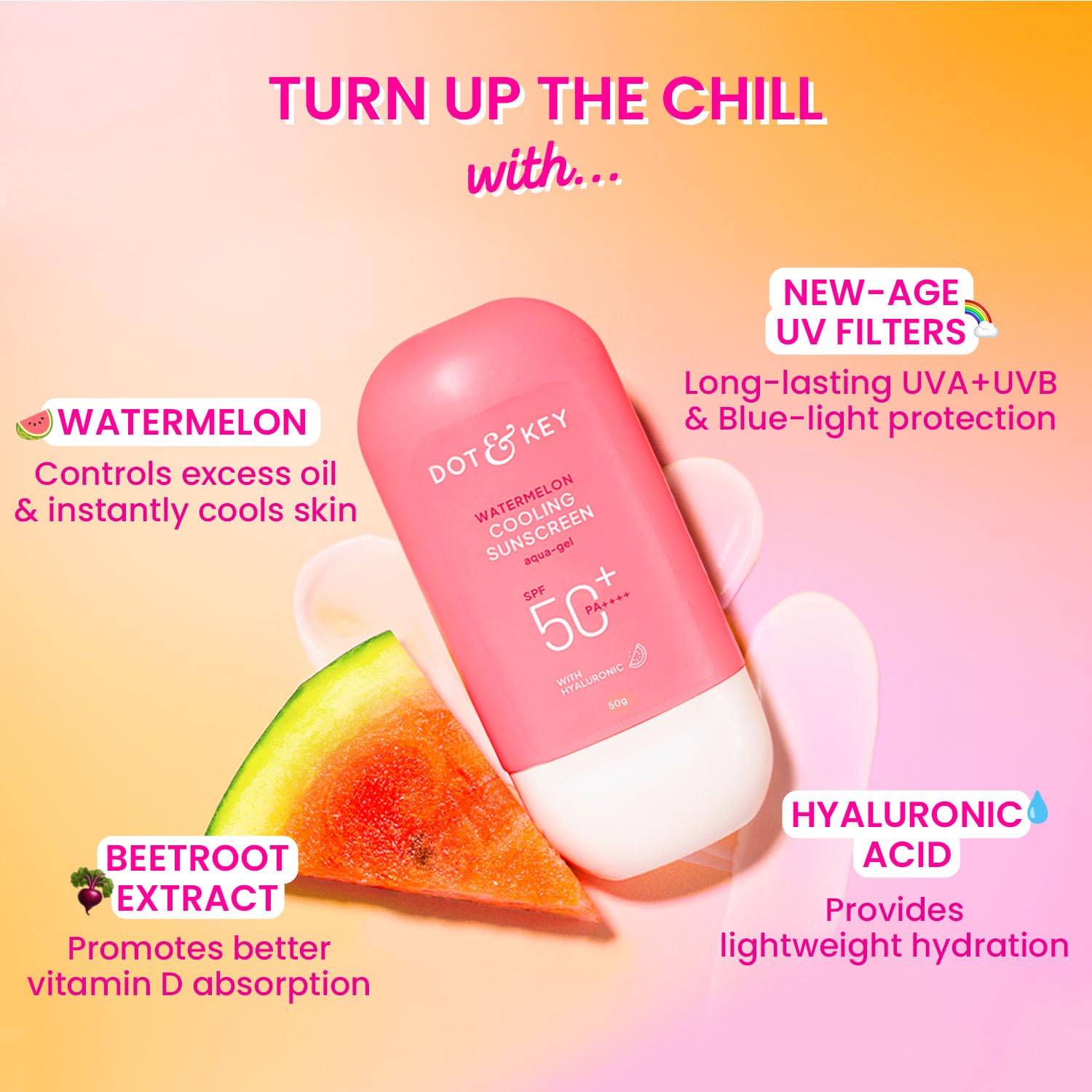 Dot & Key Watermelon Cooling Sunscreen, In-Vivo Tested SPF 50+ PA++++, With New-Age UV Filters, Instantly Cools skin, Controls Excess Oil, Broad Spectrum Protection, No White Cast, No White Cast | 50g