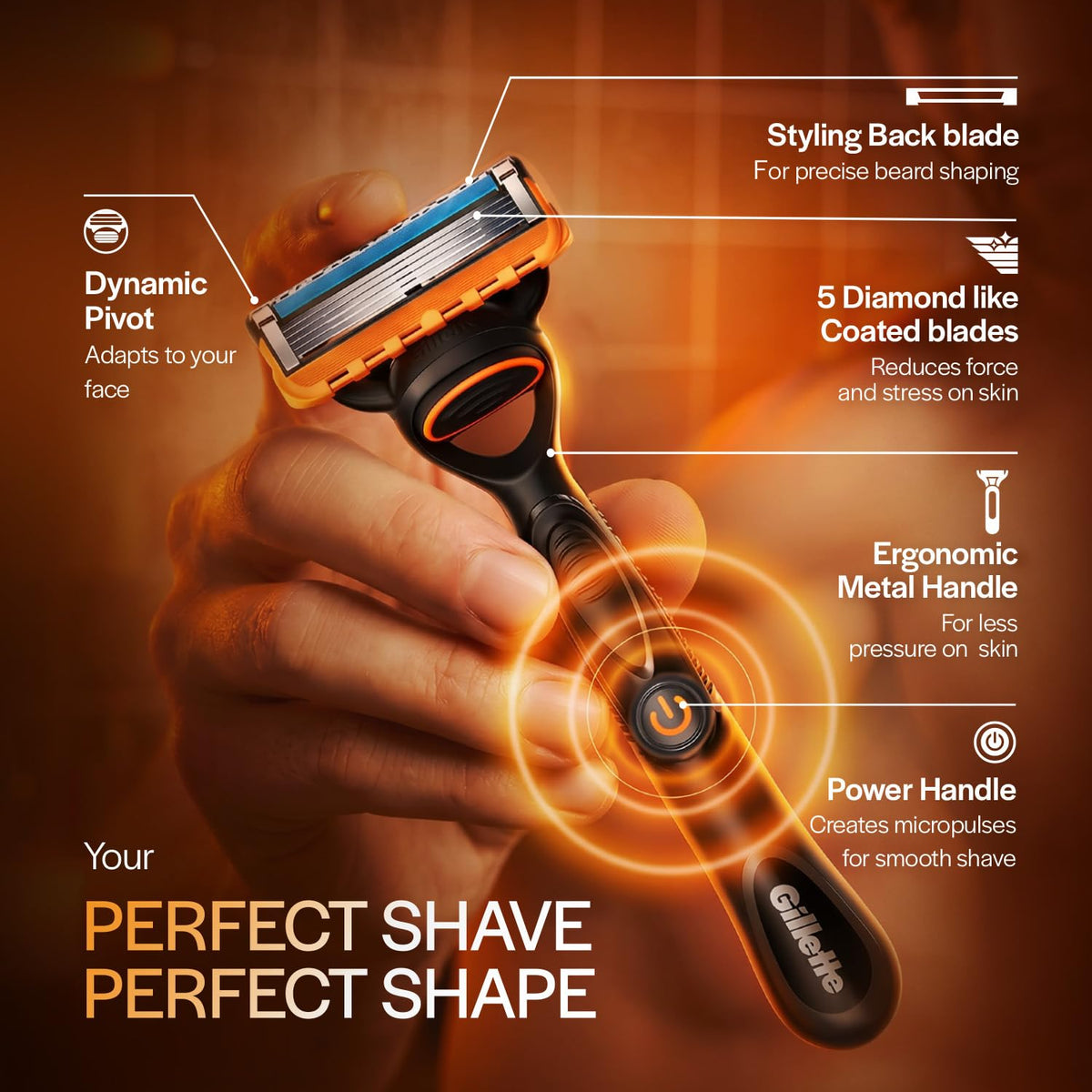 Gillette Fusion Power, Shaving Razor For Men | Micro-Pulse Technology For Reduced Friction | With Beard Shaping Back Blade | 5 Blades For Your Perfect Shave | S
