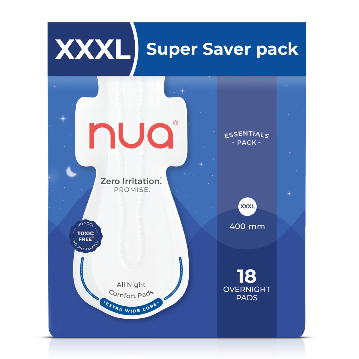 Nua All Night Comfort Sanitary Pads | Pack of 18 (XXXL 400mm) | Extra Wide Core | Front to Back Coverage | Upto 12 Hours of Absorption | Super Soft and Breathab