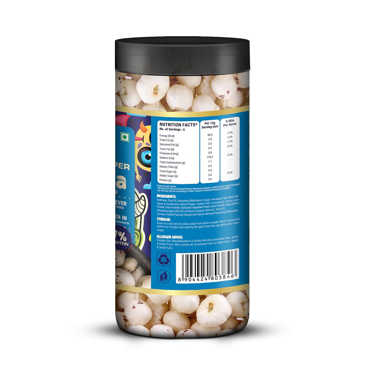 Happilo Premium Makhana Himalayan Pink Salt & Pepper Jar 80g | Roasted Foxnuts, Lotus Seeds | Healthy Snacks | Low Calorie & Vegan Pack of 1