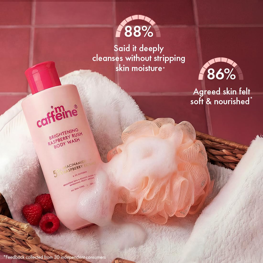 mCaffeine Brightening Body Wash - 5% Niacinamide & Raspberry | Summer Body Wash for Dry Skin | Vitamin C & Glycerin Hydration | Boosts Glow, Deep Cleanses & Sof