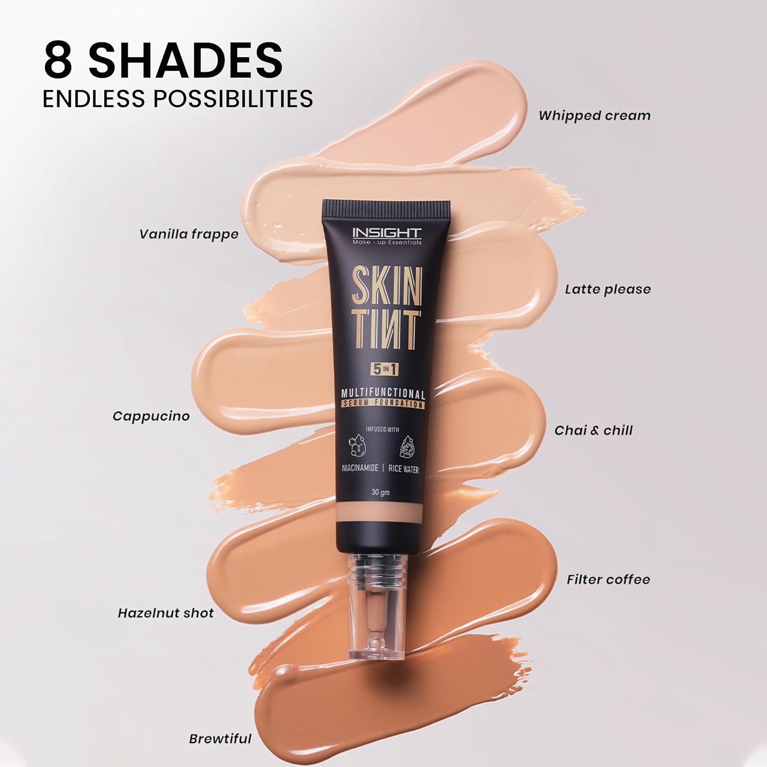 INSIGHT Skin Tint 5-in-1 Serum Foundation (30g) | SPF 20 PA++++ | Lightweight, Hydrating & Brightening with Niacinamide & Rice Water | Primer, Moisturizer & Sunscreen in One | For All Skin Types - Shade: Brewtiful