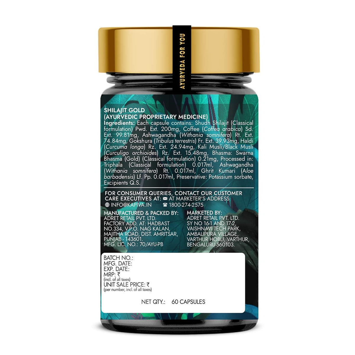Kapiva Shilajit/Shilajeet Gold 60 Capsules | Contains 24 Carat Gold | For Stamina, Muscle Growth & Energy | Ashwagandha, Gokshura, Safed Musali & Other Action H
