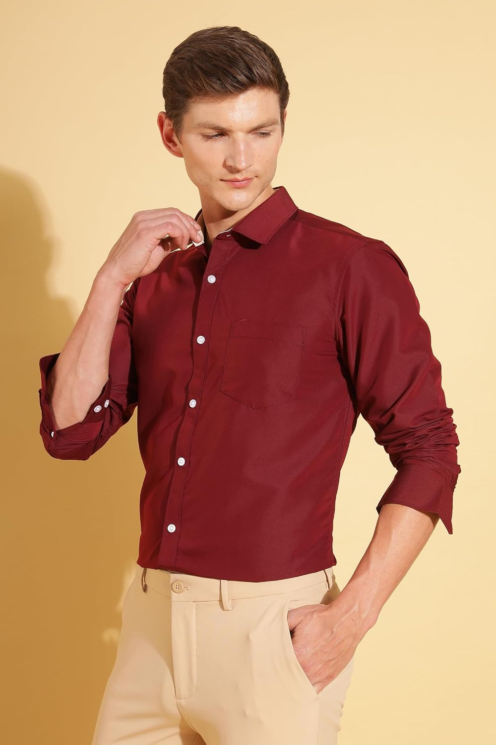 Fyltr Men's Regular Fit Solid Shirt - Full Sleeve| Functional Pocket | Contrast Trim Fabric | Formal Shirts for Men L Garnet Grace
