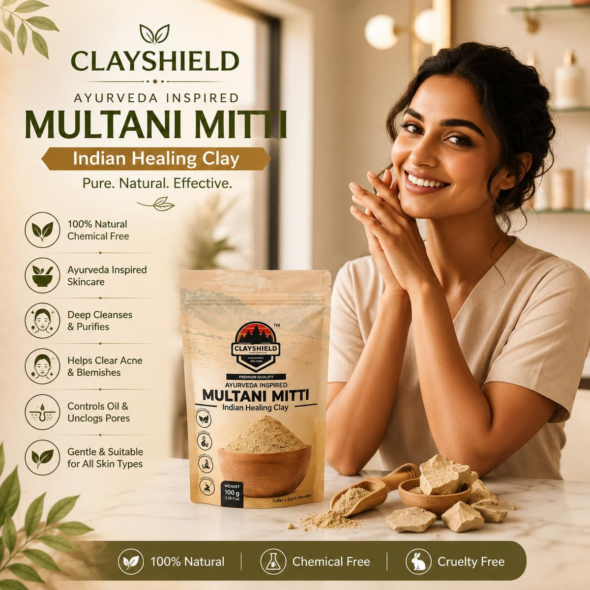 100% Pure Multani Mitti Powder 200g with Free Wooden Brush | Fuller's Earth Face Pack | Deep Cleansing, Oil Control & Natural Glow | Ayurvedic Skincare for All