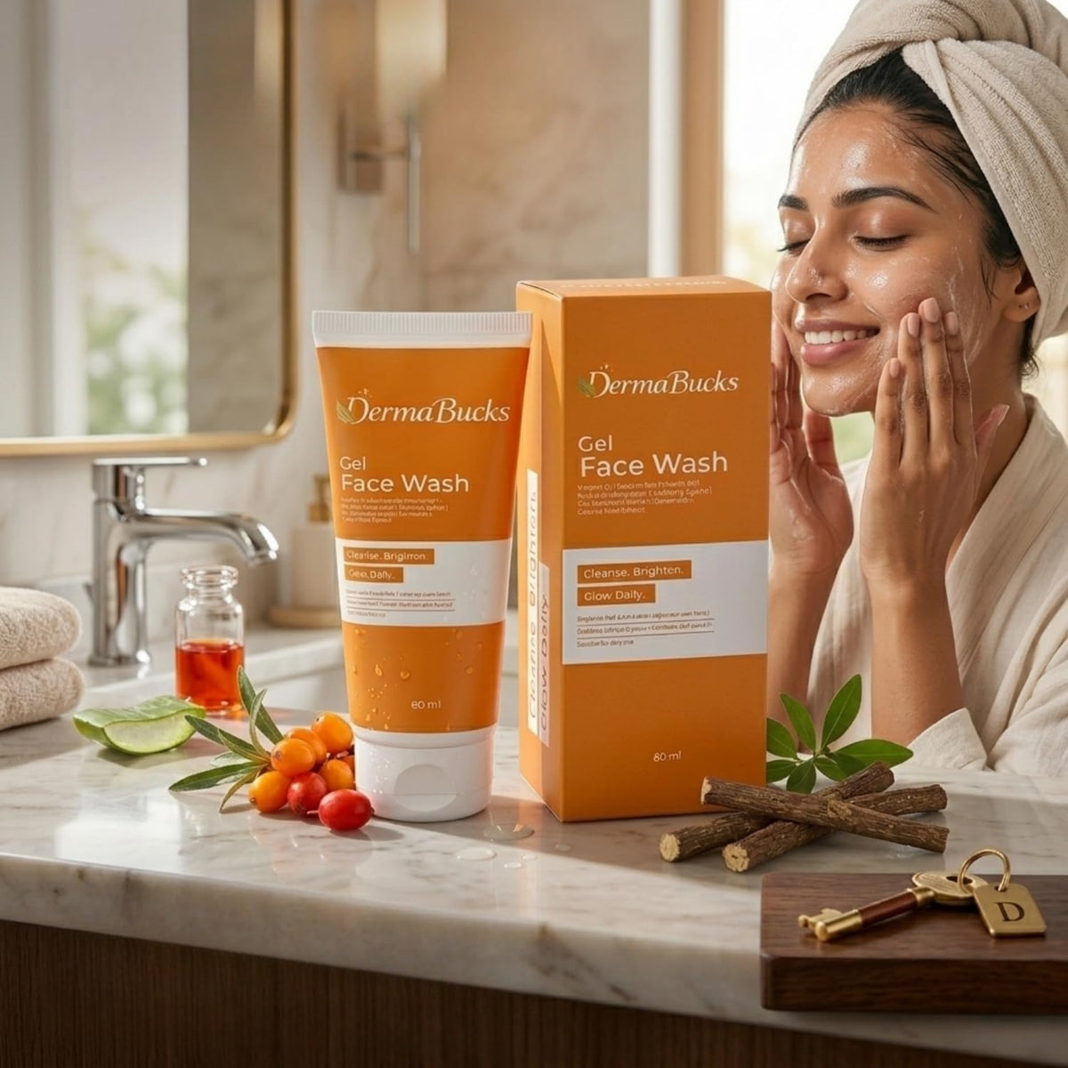 Gel Face Wash 60ml with Vitamin C, Niacinamide (B3) & Ceramides | Mild Exfoliating & Hydrating Cleanser with Sea Buckthorn & Licorice | Brightens Skin, Evens Sk