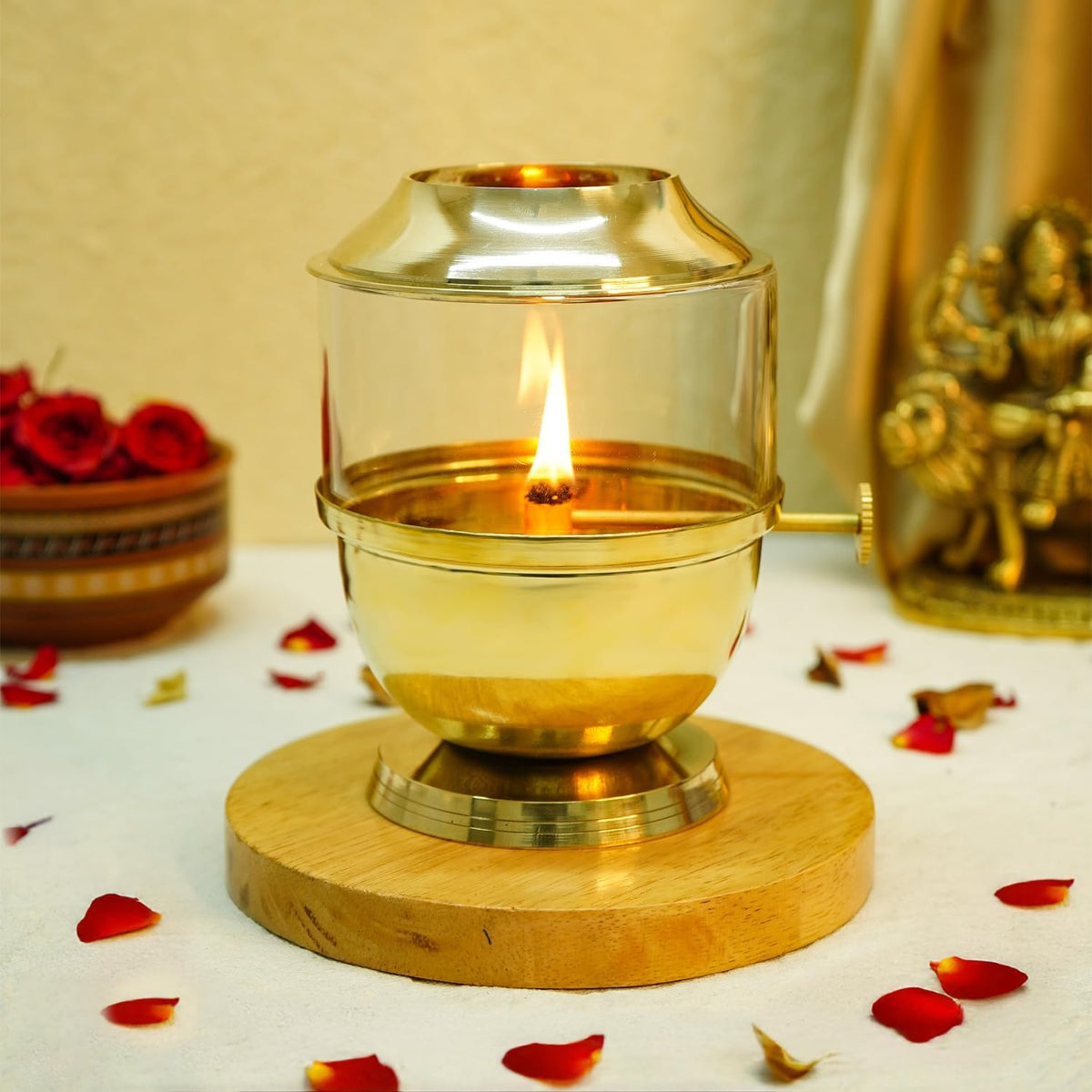 Ekhasa 100% Pure Brass Akhand Jyot Diya with Adjustable Bati Knob, Wick Lifting Screw Lever, Glass Cover (Large Size, 250 ml Oil Capacity, Stay Lit for 48 Hours