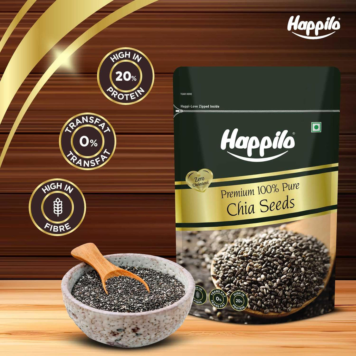 Happilo Premium Raw Chia Seeds 200g (Pack of 1) | Seed for Eating | Healthy Snacks | Good for Weight Management | Nutrient-Rich Superfood, High in Omega-3 Fatty